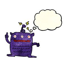 cartoon weird little alien with thought bubble N7