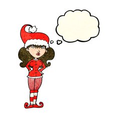 cartoon santa's helper woman with thought bubble N4