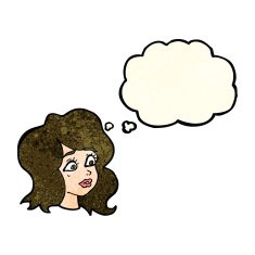 cartoon woman looking concerned with thought bubble N3