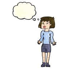 cartoon woman shrugging shoulders with thought bubble N162