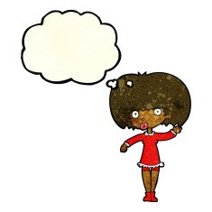 cartoon waving girl with thought bubble N4