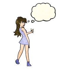 cartoon woman posing in dress with thought bubble N12