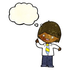 cartoon school boy answering question with thought bubble N19