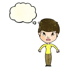 cartoon woman shrugging shoulders with thought bubble N167