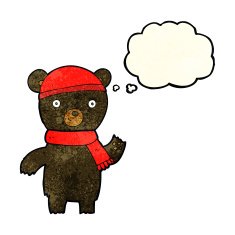 cartoon waving black bear with thought bubble N16