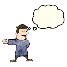 cartoon man gesturing direction with thought bubble N4