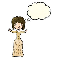 cartoon worried victorian woman with thought bubble N3