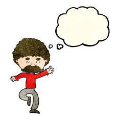 cartoon mustache man disco dancing with thought bubble N4