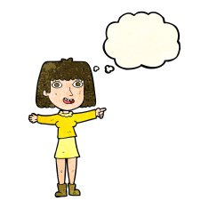 cartoon happy woman pointing with thought bubble N24