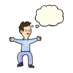cartoon man panicking with thought bubble N17