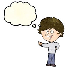 cartoon boy laughing and pointing with thought bubble N4