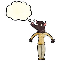cartoon friendly werewolf woman with thought bubble N2
