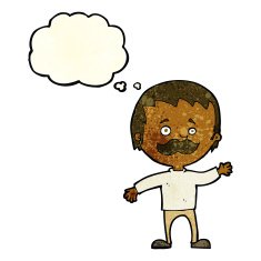 cartoon man with mustache waving thought bubble N10