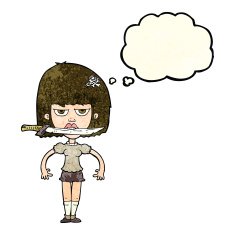 cartoon woman with knife between teeth thought bubble N15