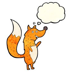 cartoon waving fox with thought bubble N5