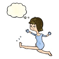 cartoon happy woman kicking with thought bubble N3