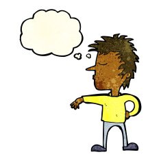 cartoon man making camp gesture with thought bubble N9