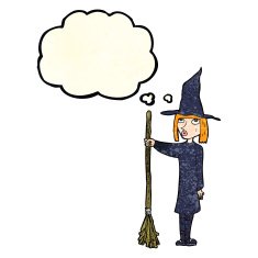 cartoon witch with thought bubble N3