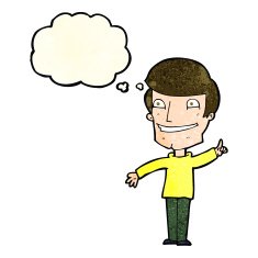 cartoon grinning man with idea thought bubble N4