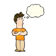 cartoon man with folded arms thought bubble N10