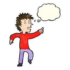 cartoon happy man pointing with thought bubble N21