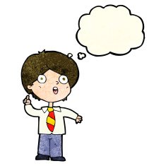 cartoon schoolboy answering question with thought bubble N4
