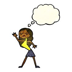 cartoon woman dancing with thought bubble N11