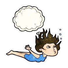 cartoon woman swimming underwater with thought bubble N3