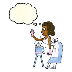 cartoon housewife washing up with thought bubble N4