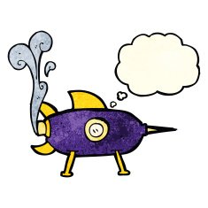 cartoon space rocket with thought bubble N6