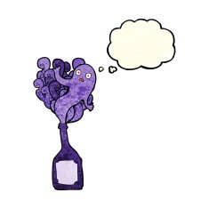 cartoon ghost in bottle with thought bubble N5