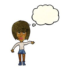 cartoon woman waving away with thought bubble N4