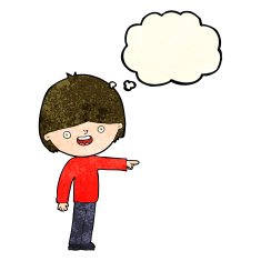 cartoon man pointing with thought bubble N65