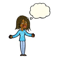 cartoon woman shrugging shoulders with thought bubble N177
