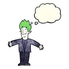 cartoon happy vampire with thought bubble N15