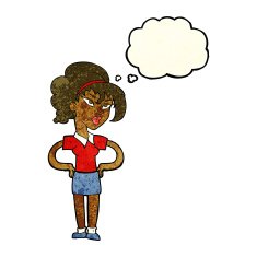 cartoon woman with hands on hips thought bubble N77