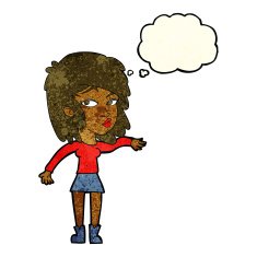 cartoon woman playing it cool with thought bubble N4
