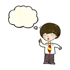cartoon school boy answering question with thought bubble N20