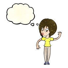 cartoon woman waving with thought bubble N119