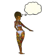 cartoon bikini girl covered in tattoos with thought bubble N4