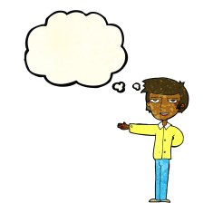 cartoon man gesturing welcome with thought bubble N4