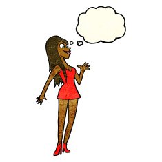 cartoon woman in pink dress with thought bubble N4