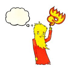 cartoon fire spirit with thought bubble N3