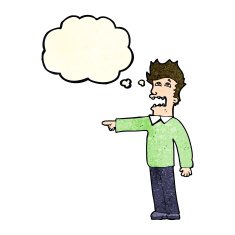 cartoon man accusing with thought bubble N8