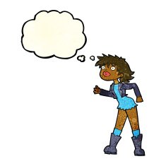 cartoon girl in leather jacket with thought bubble N4