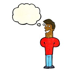 cartoon grinning man with thought bubble N31