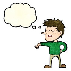 cartoon man making dismissive gesture with thought bubble N7