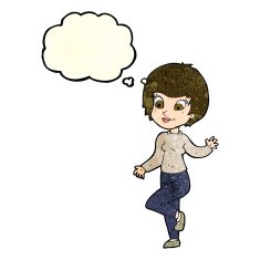 cartoon woman waving with thought bubble N123