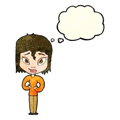 cartoon satisfied woman with thought bubble N4