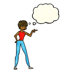 cartoon woman pointing with thought bubble N77
